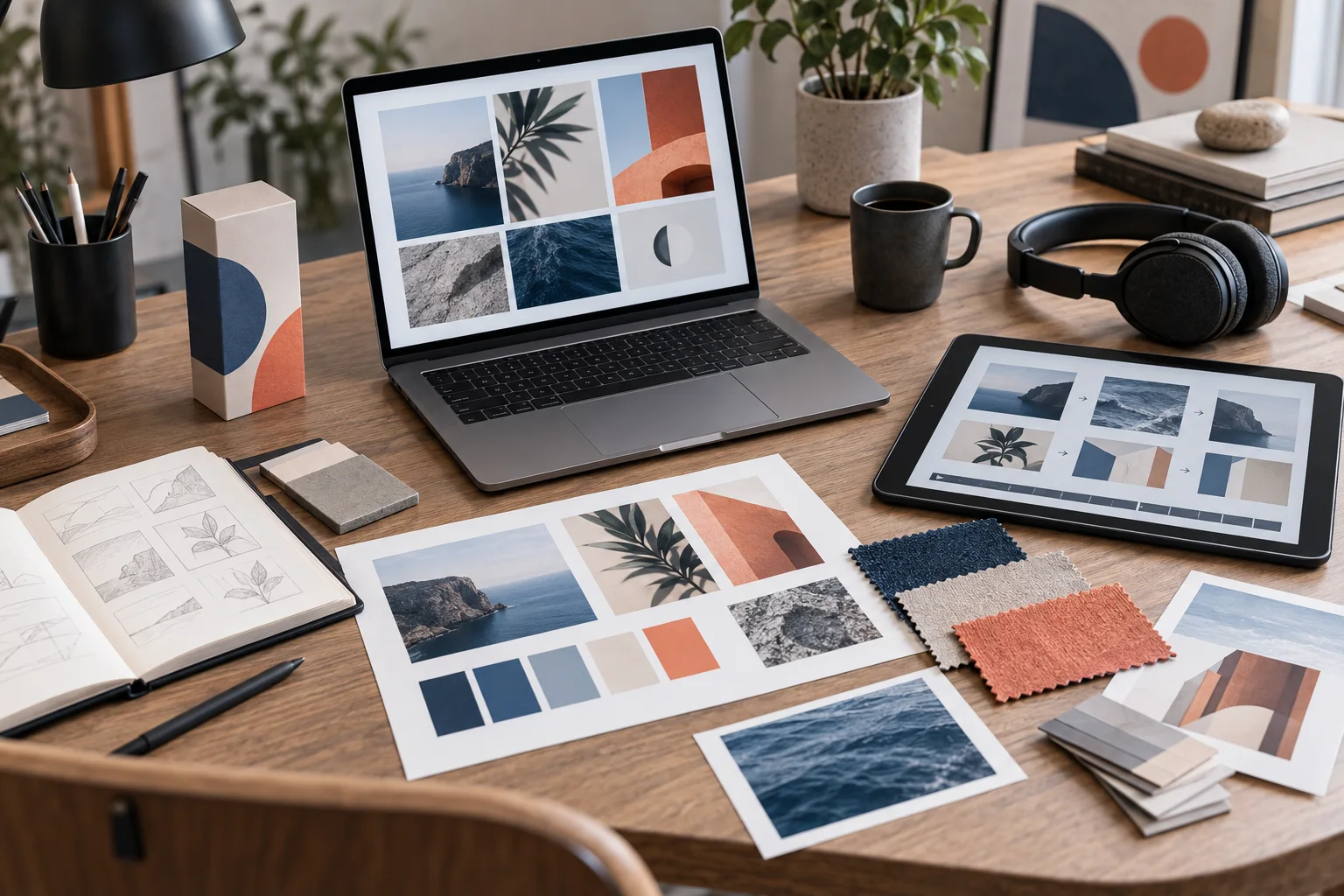 Creative production desk with laptop, tablet, image variations and a brand moodboard