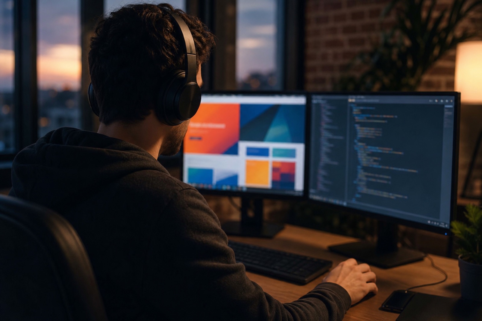 Influendoo developer wearing headphones coding across two monitors at dusk