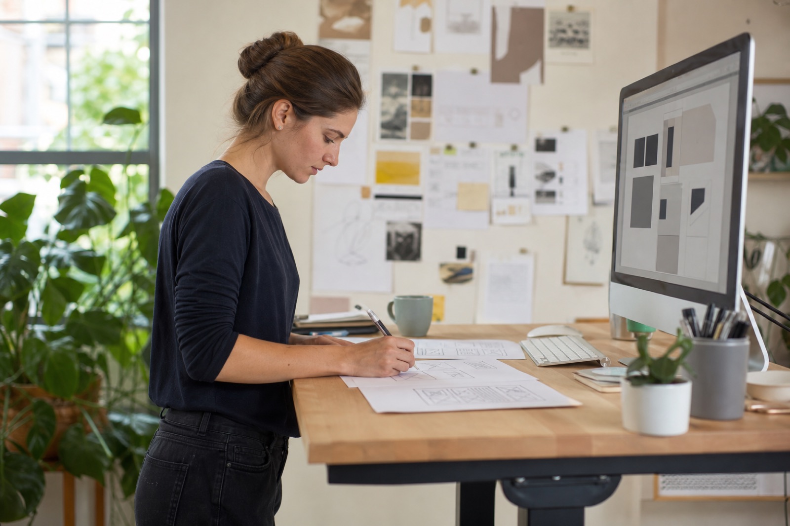 UX designer sketching website wireframes at a standing desk in the Influendoo studio