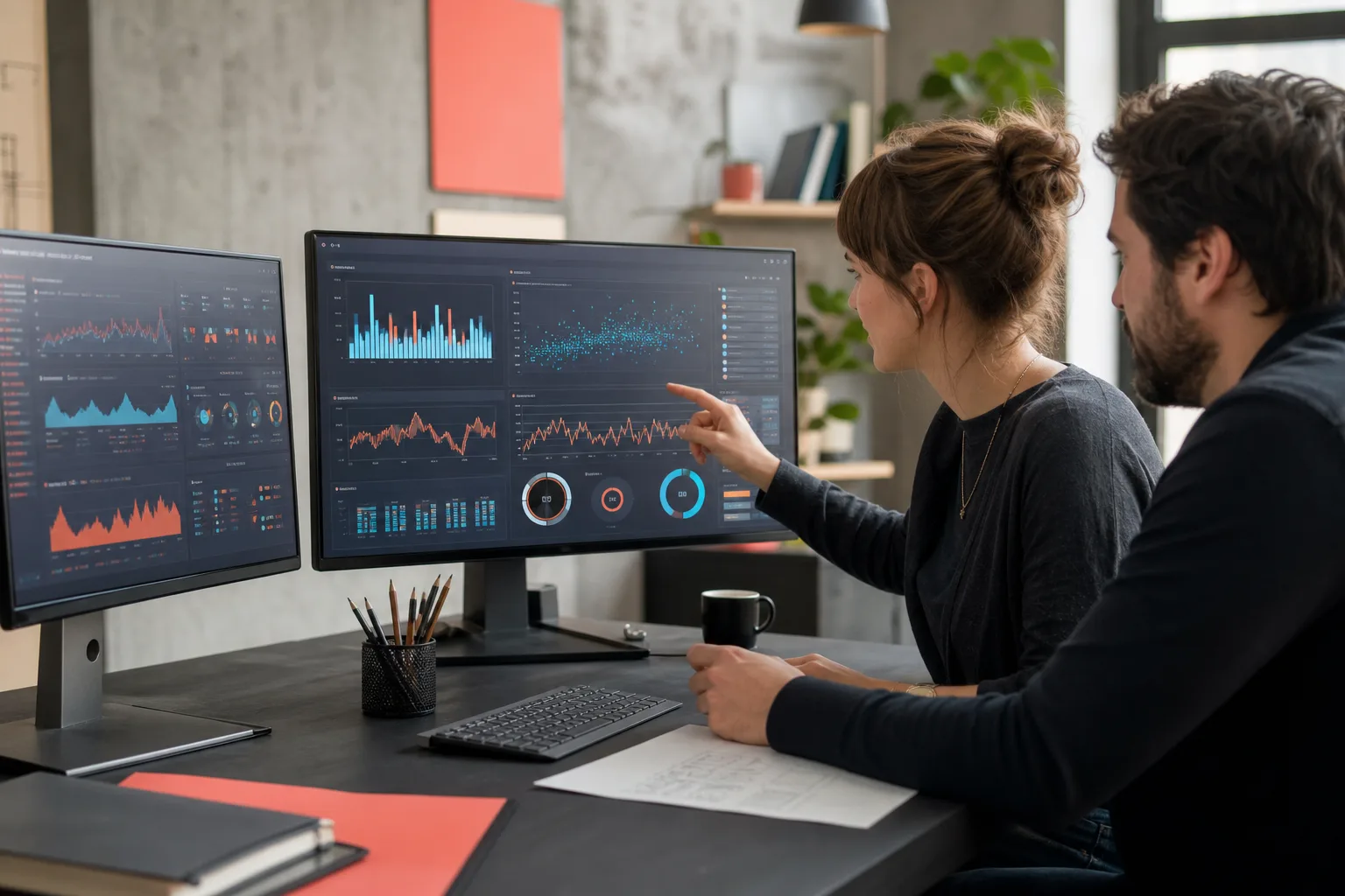 Web product team reviewing abstract live analytics dashboards
